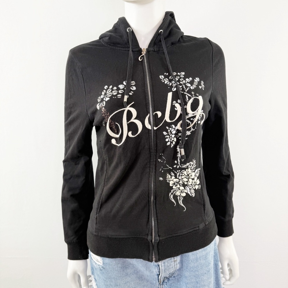 BCBGMAXAZRIA Black Embroidered Full Zip Jacket Size M Casual Y2K 2000s Sporty